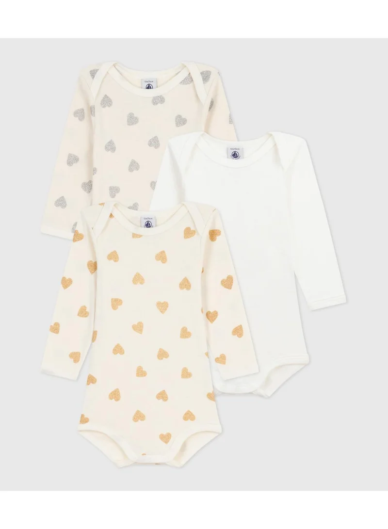 Petit Bateau Pack of babies' long-sleeved sequinned heart-print cotton bodies
