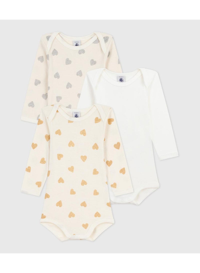Petit Bateau Pack of babies' long-sleeved sequinned heart-print cotton bodies - Image 1