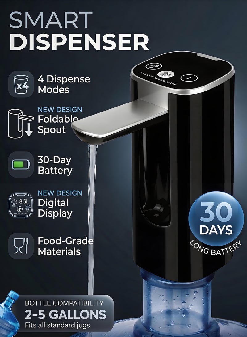 Chillspace Smart Electric Water Dispenser Pump - Foldable Spout for Hygiene With Tabletop Stand, 4 Precise Dispense Modes & 30-Day Long Battery, 1200mAh USB Rechargeable for 2-5 Gallon Bottles (Black) - Image 1