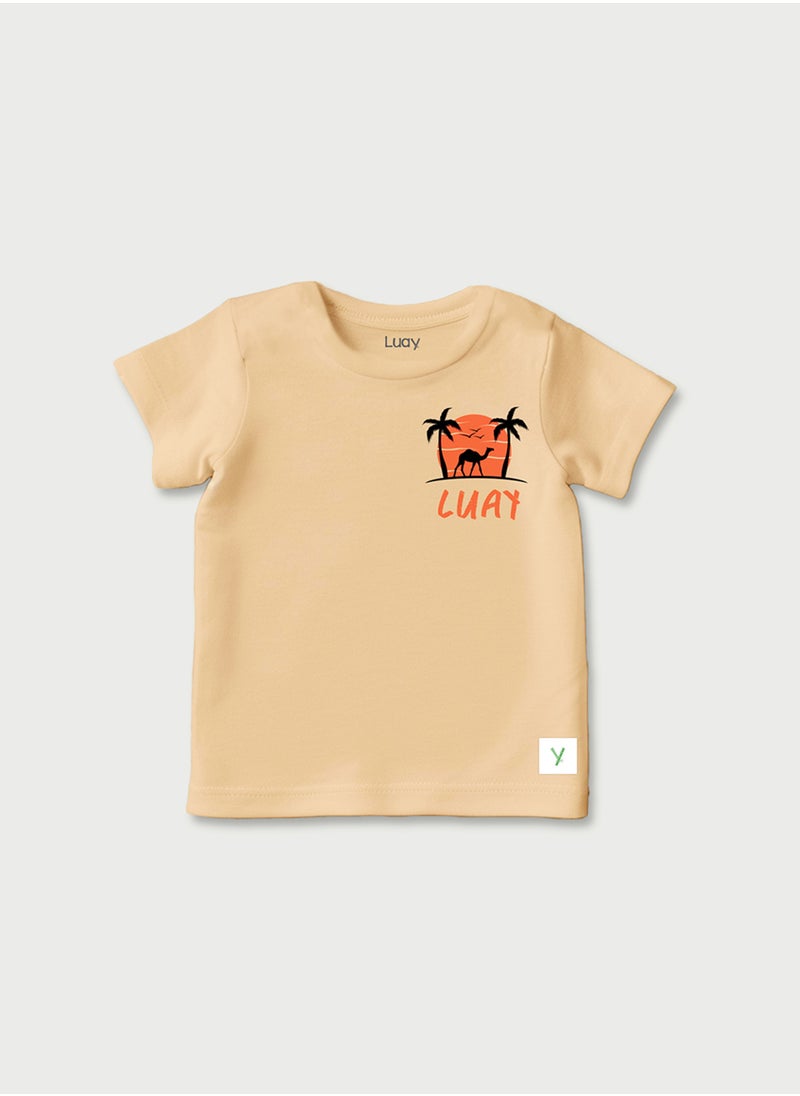 LUAY - Unisex 100% Bamboo based Ultra- Soft fabric Half Sleeve T-Shirt with Charming Camel Palm Tree Print- Bleached Apricot - Image 1