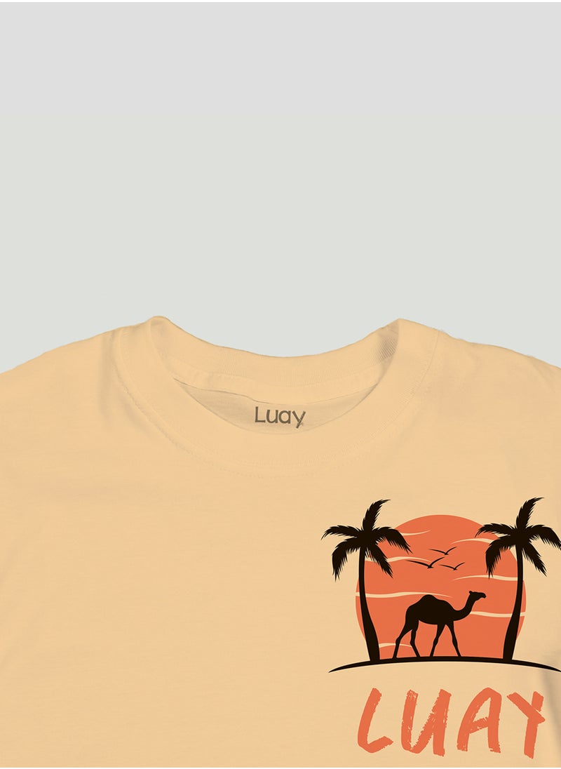 LUAY - Unisex 100% Bamboo based Ultra- Soft fabric Half Sleeve T-Shirt with Charming Camel Palm Tree Print- Bleached Apricot - Image 1