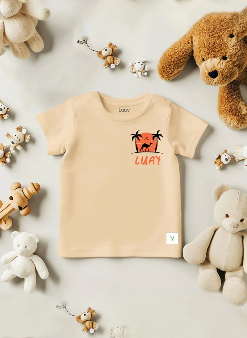 LUAY Unisex Bamboo based Ultra- Soft fabric Half Sleeve T-Shirt with Charming Camel Palm Tree Print- Bleached Apricot