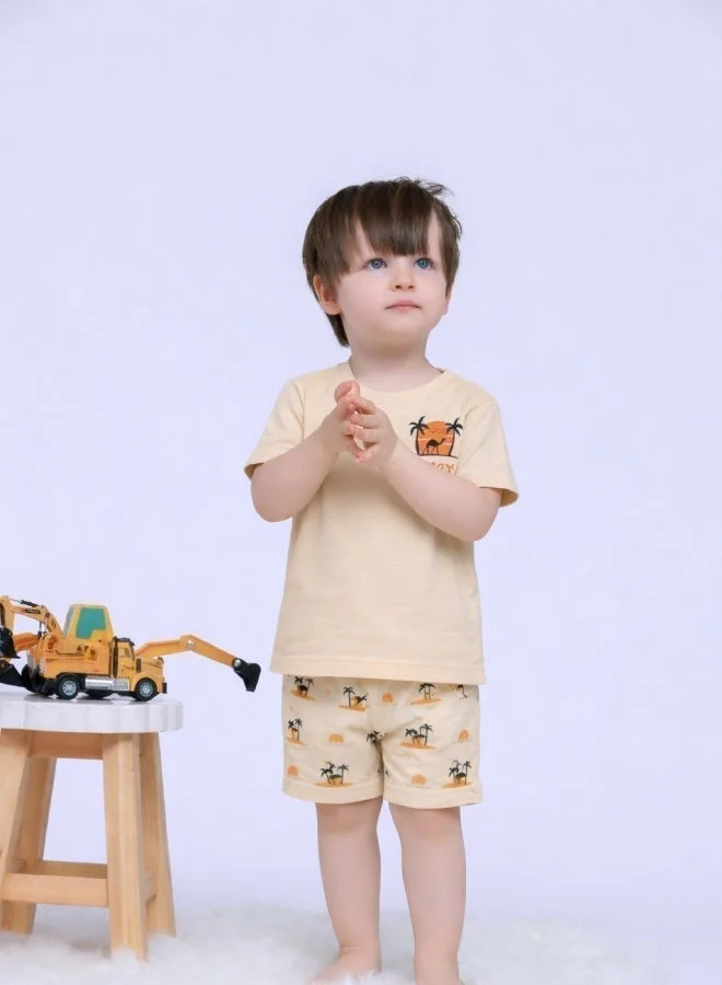 لؤي تي شيرت LUAY للجنسين مصنوع من الخيزران فائق النعومة نصف كم مع طباعة شجرة نخيل الجمل الساحرة - مشمش مبيض