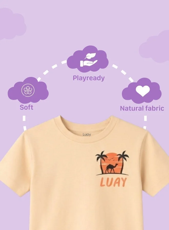 لؤي تي شيرت LUAY للجنسين مصنوع من الخيزران فائق النعومة نصف كم مع طباعة شجرة نخيل الجمل الساحرة - مشمش مبيض