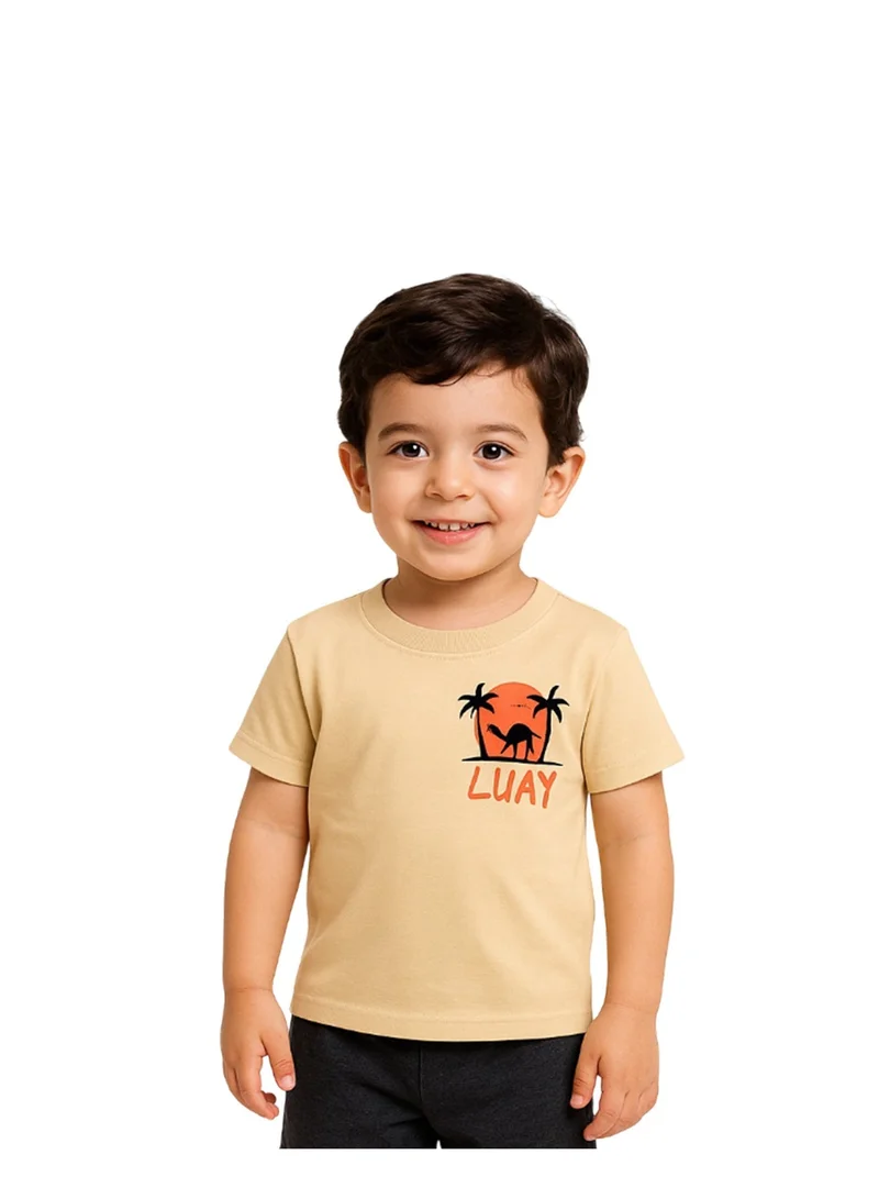 LUAY Unisex Bamboo based Ultra- Soft fabric Half Sleeve T-Shirt with Charming Camel Palm Tree Print- Bleached Apricot