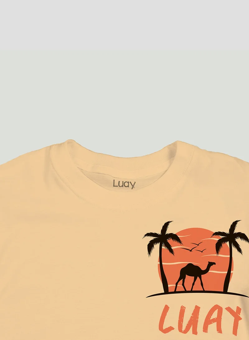 Luay Single Unisex Bamboo based Ultra- Soft fabric Half Sleeve T-Shirt with Charming Camel Palm Tree Print- Bleached Apricot for Men | Best Price UAE