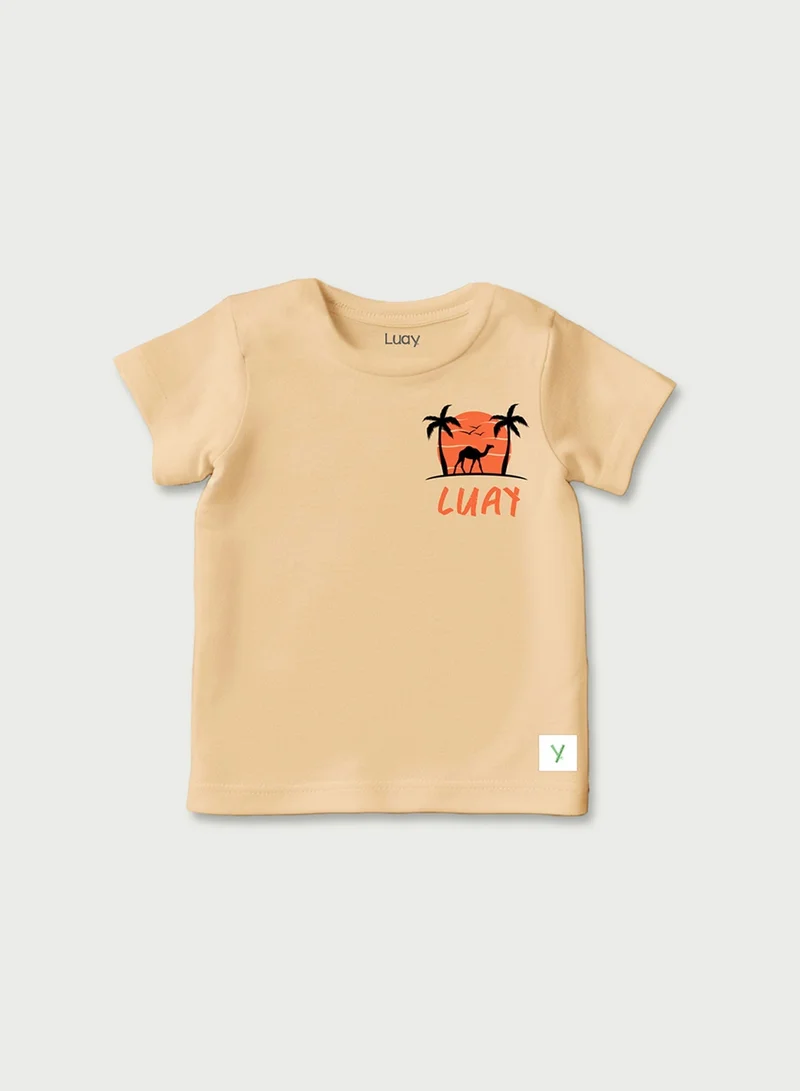 Luay Single Unisex Bamboo based Ultra- Soft fabric Half Sleeve T-Shirt with Charming Camel Palm Tree Print- Bleached Apricot for Men | Best Price UAE