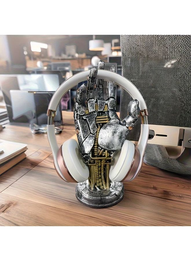 Silvery Cyberpunk Robotic Arm Headphone Stand 3 in 1 Game Controller Holder Desktop Decor - Image 5
