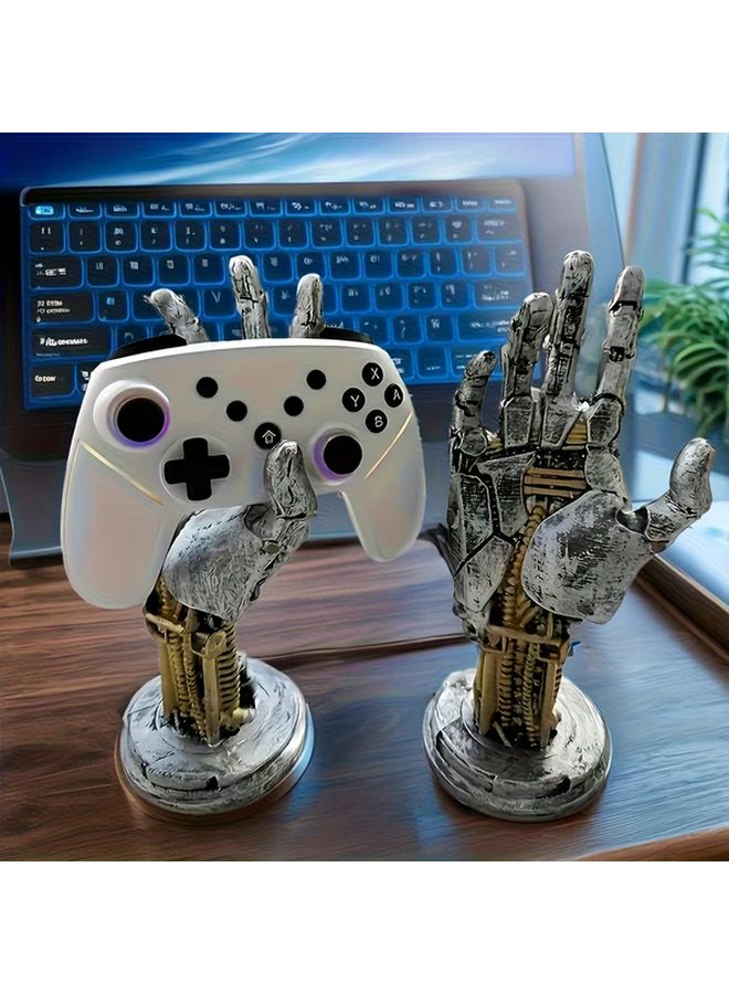 Silvery Cyberpunk Robotic Arm Headphone Stand 3 in 1 Game Controller Holder Desktop Decor - Image 2