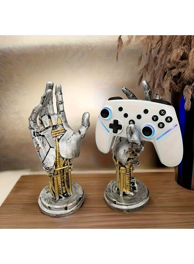 Silvery Cyberpunk Robotic Arm Headphone Stand 3 in 1 Game Controller Holder Desktop Decor - Image 1
