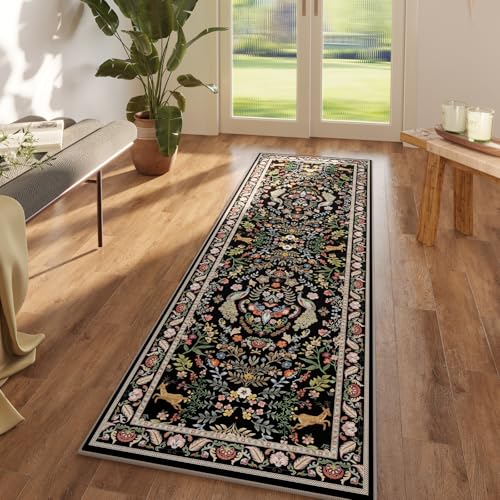 Rugcomf Runner Rug Washable Kitchen 2'6''x8' Rug for Entryway Indoor Floral Non-Slip Soft Carpet Runner for Hallways, Kitchen, Laundry, Bedroom, Bathroom (Vibrant Black) - Image 1