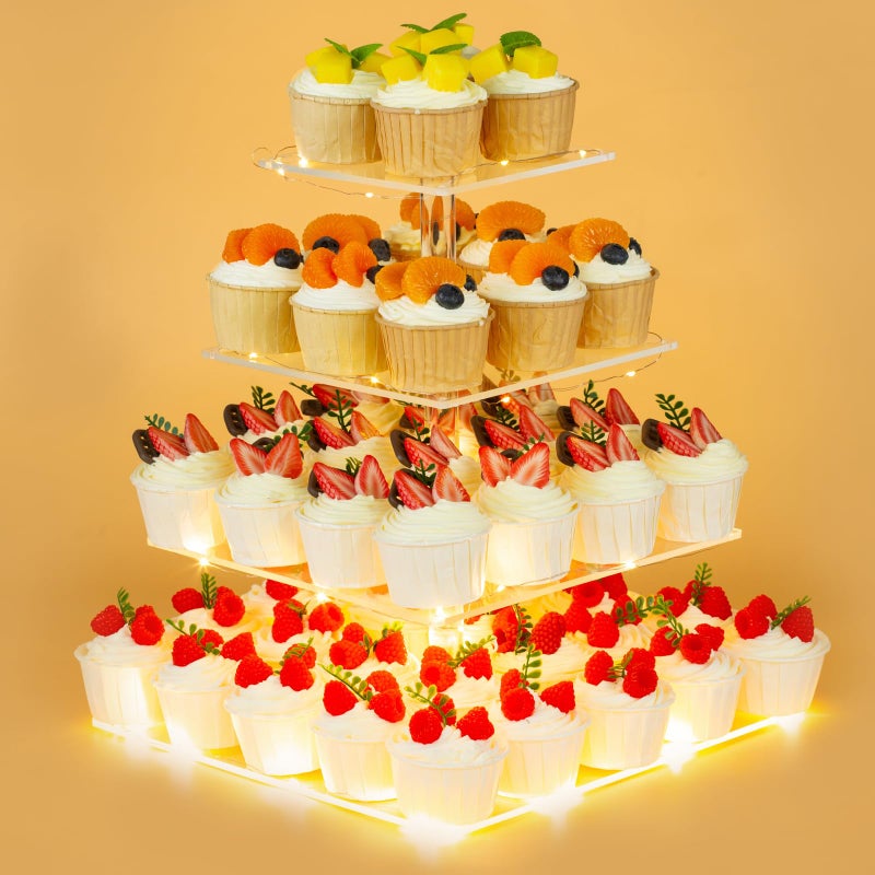 HENABLE 4 Tier Premium Cupcake Stand Cupcake Holder Acrylic Cupcake Tower with LED Yellow Light for Cupcakes Dessert Table Display Set for Birthday Bar Decor Weddings Parties Events