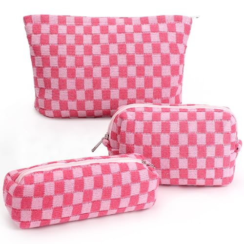 Gocvo 3 Pcs Makeup Bag Cosmetic Bag Set for Girls Women Checkered Travel Organizer Bathroom Toiletry Pouch Large Capacity Storage Bag (Rose-Red) - Image 1