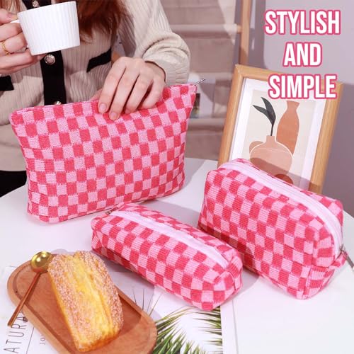 Gocvo 3 Pcs Makeup Bag Cosmetic Bag Set for Girls Women Checkered Travel Organizer Bathroom Toiletry Pouch Large Capacity Storage Bag (Rose-Red) - Image 5