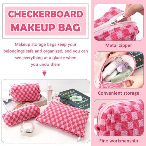 Gocvo 3 Pcs Makeup Bag Cosmetic Bag Set for Girls Women Checkered Travel Organizer Bathroom Toiletry Pouch Large Capacity Storage Bag (Rose-Red) - Image 4