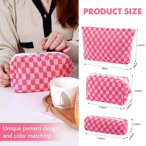 Gocvo 3 Pcs Makeup Bag Cosmetic Bag Set for Girls Women Checkered Travel Organizer Bathroom Toiletry Pouch Large Capacity Storage Bag (Rose-Red) - Image 3