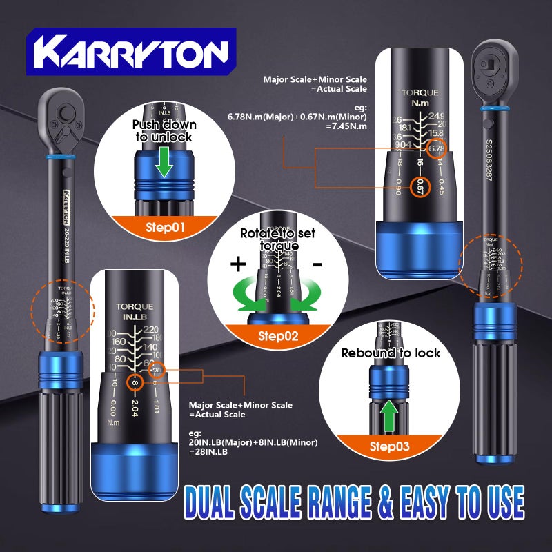 KARRYTON 35pc Torque Wrench Set 1/4 3/8 1/2-Inch Drive, CR-MO/72-Tooth/Dual Scale Â±3% Accuracy Click Torque Wrenches w/Adapters for Auto, Bike, Motor - Image 5