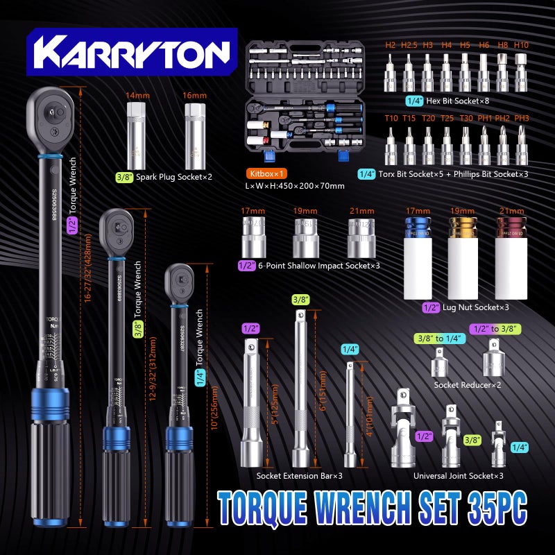 KARRYTON 35pc Torque Wrench Set 1/4 3/8 1/2-Inch Drive, CR-MO/72-Tooth/Dual Scale Â±3% Accuracy Click Torque Wrenches w/Adapters for Auto, Bike, Motor - Image 2
