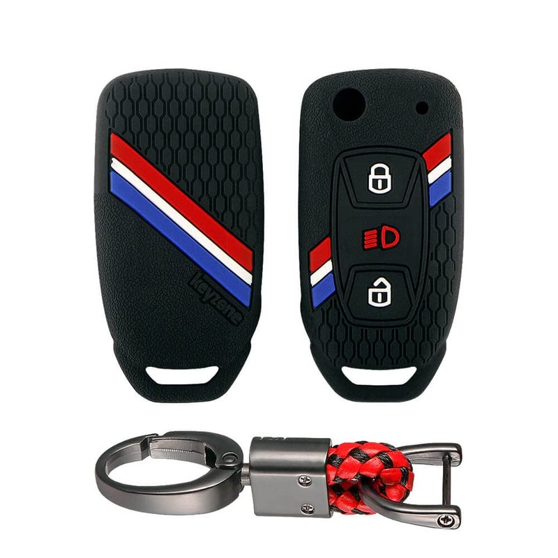 KeyZone ® Striped Silicone Key Cover & Keychain Compatible for Tata Curvv, Nexon, Harrier, Safari, Altroz, Punch, Tigor, Tiago 3 Button Flip (Black with Red/Black Alloy Keyring) - Image 1