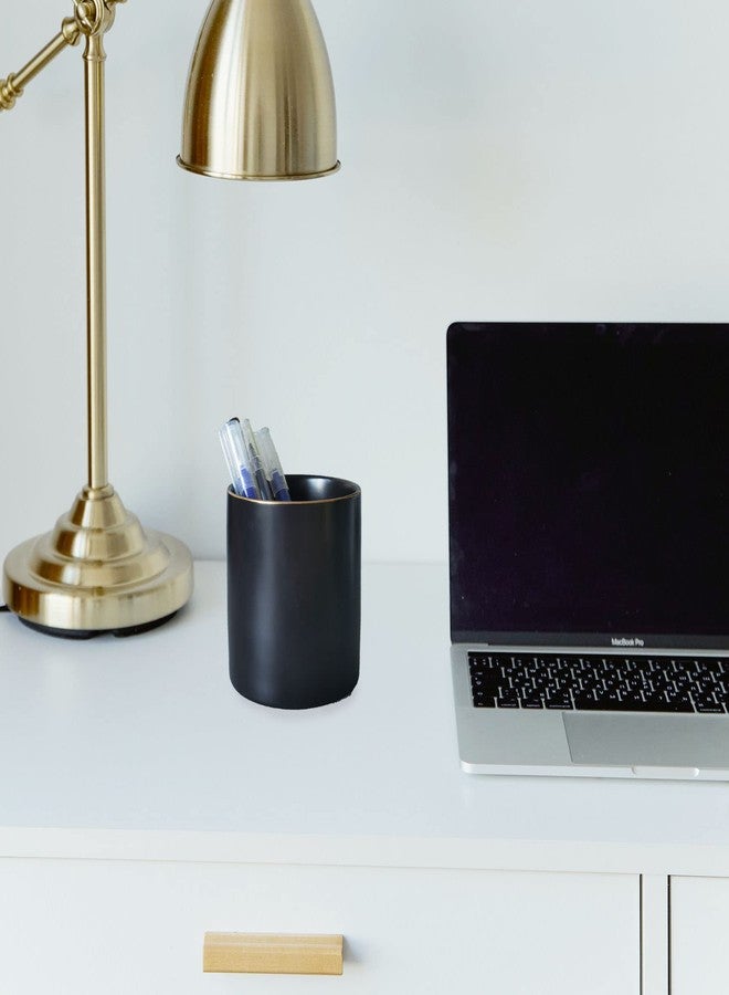 HANKOR Ceramic Pencil Holder for Desk - Cute Gold Trim Pen Aesthetic Makeup Brush Cup Holder Organizer for Desktop Storage Stationery Office Home Supplies, Black - Image 3