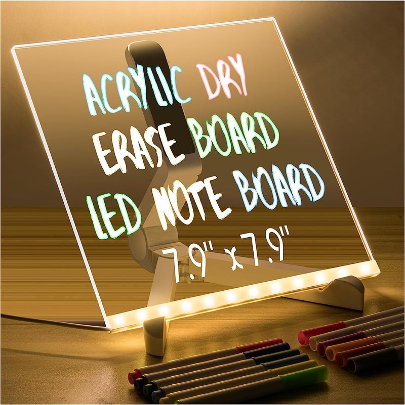 BAREPEPE 3D Acrylic Writing Board with Pen & Light, LED, Rewritable Acrylic Message board with stand, Dry Erase Board with 14 Pen for Note/Message/Memo for Home, Offices(20cm X 20cm Medium) - Image 1