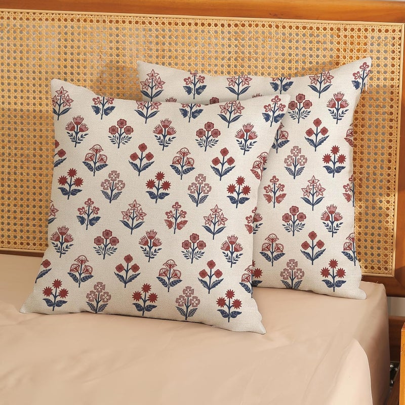 GOLIANDA Red Blue Pillow Covers 20x20 Inch Set of 2 Patriotic 4th of July Throw Pillows Vintage Flower Boho Block Print Floral Decorative Pillow Cases Outdoor Linen Cushion Cover for Couch Sofa Decor - Image 2