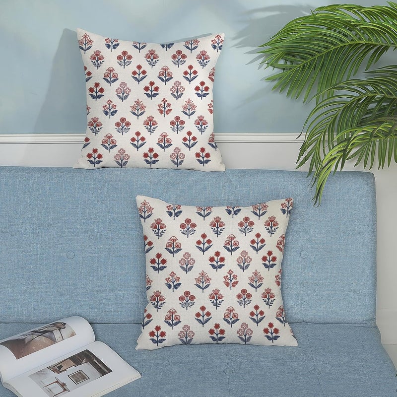 GOLIANDA Red Blue Pillow Covers 20x20 Inch Set of 2 Patriotic 4th of July Throw Pillows Vintage Flower Boho Block Print Floral Decorative Pillow Cases Outdoor Linen Cushion Cover for Couch Sofa Decor - Image 4