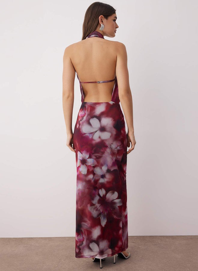 trendyol BurgundyMulti Floral Pattern Knitted Tulle Long Evening Gowns Night Homecoming Dress - Image 4