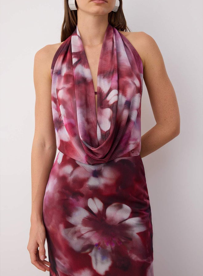 trendyol BurgundyMulti Floral Pattern Knitted Tulle Long Evening Gowns Night Homecoming Dress - Image 3