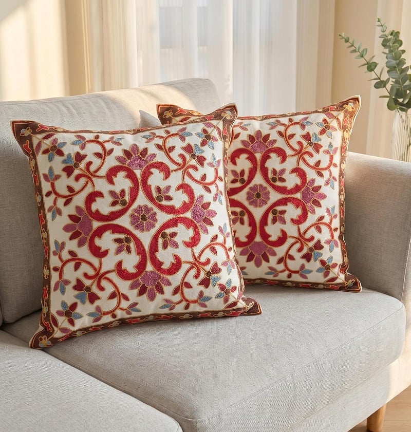 كوزي نوك غطاء وسادة 45 × 45 سم، أغطية وسائد مطرزة للحديقة والصالة والأريكة وغرفة المعيشة وغرفة النوم وديكور المنزل بنمط زهري بدون وسادة، عبوة من 2 (أحمر كسول) - Image 1