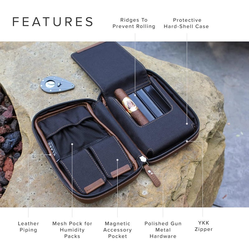 CASE ELEGANCE Klaro Travel Leather Cigar Case, 5 Cigar Storage, 2 Accessory Pockets, Humidification Pocket, Internal Hard-Shell Protection - Brown - Image 3
