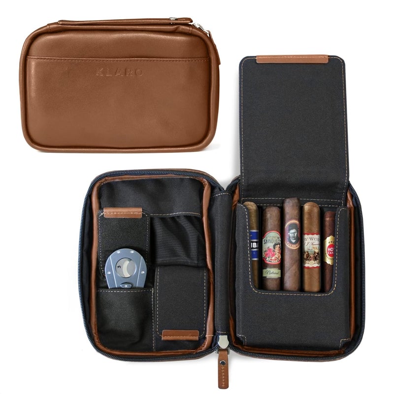 CASE ELEGANCE Klaro Travel Leather Cigar Case, 5 Cigar Storage, 2 Accessory Pockets, Humidification Pocket, Internal Hard-Shell Protection - Brown - Image 1