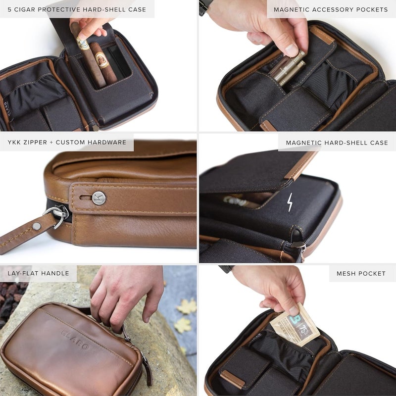 CASE ELEGANCE Klaro Travel Leather Cigar Case, 5 Cigar Storage, 2 Accessory Pockets, Humidification Pocket, Internal Hard-Shell Protection - Brown - Image 4