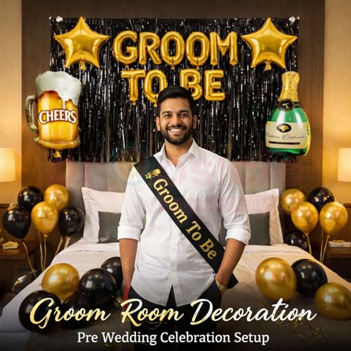 Propsicle Groom To Be Decoration Set 37 Pieces, Black & Gold Latex Balloons, Groom To Be Gold Letter, Beer Mug, Bottle Foil Balloons, Fringe Curtain, Sash, Glue Dots, Bachelor Celebration Decor - Image 5
