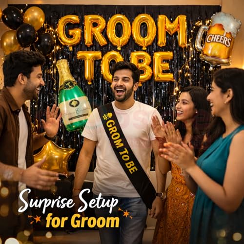 Propsicle Groom To Be Decoration Set 37 Pieces, Black & Gold Latex Balloons, Groom To Be Gold Letter, Beer Mug, Bottle Foil Balloons, Fringe Curtain, Sash, Glue Dots, Bachelor Celebration Decor - Image 4