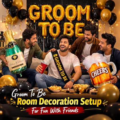 Propsicle Groom To Be Decoration Set 37 Pieces, Black & Gold Latex Balloons, Groom To Be Gold Letter, Beer Mug, Bottle Foil Balloons, Fringe Curtain, Sash, Glue Dots, Bachelor Celebration Decor - Image 3