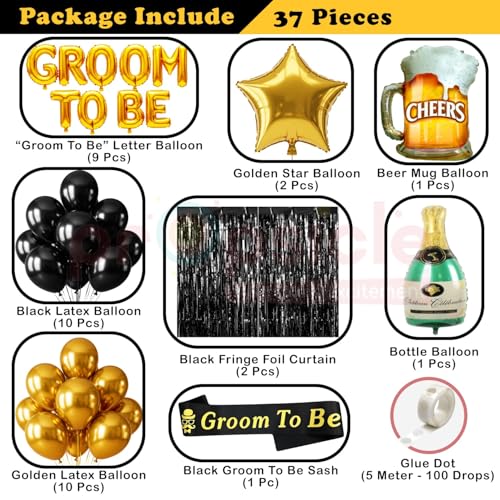 Propsicle Groom To Be Decoration Set 37 Pieces, Black & Gold Latex Balloons, Groom To Be Gold Letter, Beer Mug, Bottle Foil Balloons, Fringe Curtain, Sash, Glue Dots, Bachelor Celebration Decor - Image 2