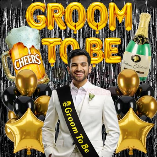 Propsicle Groom To Be Decoration Set 37 Pieces, Black & Gold Latex Balloons, Groom To Be Gold Letter, Beer Mug, Bottle Foil Balloons, Fringe Curtain, Sash, Glue Dots, Bachelor Celebration Decor - Image 1