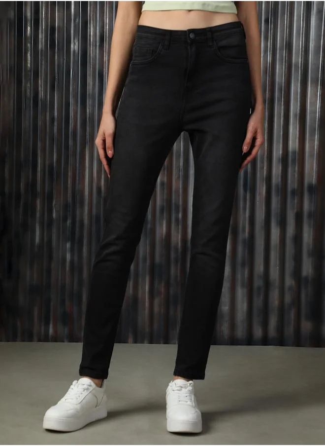 هاي ستار Women Jeans in Black featuring Skinny Fit fit with a washed pattern, regular length, secured with button closure, crafted from cotton – ideal for both casual and formal outings.