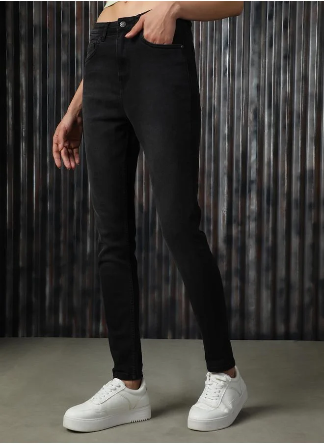 هاي ستار Women Jeans in Black featuring Skinny Fit fit with a washed pattern, regular length, secured with button closure, crafted from cotton – ideal for both casual and formal outings.