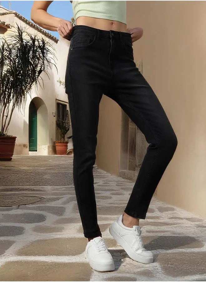 HIGH STAR Women Jeans in Black featuring Skinny Fit fit with a washed pattern, regular length, secured with button closure, crafted from cotton – ideal for both casual and formal outings.