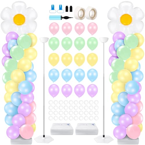 Kasyat 2 Sets Daisy Pastel Party Balloon Column Stand Kit Adjustable Groovy Balloon Arch Stand Kit for Macaron Boho Summer Daisy Floral Theme Easter Party Decoration - Image 1
