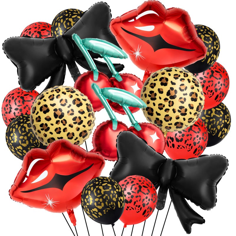 Realspring 18 Pcs Red and Black Party Decorations Kit 12 Leopard Cheetah Print Birthday Balloons Cherry Cheetah Red Lips Black Bow Foil Balloons for Kiss the Miss Goodbye Baby Shower Retro Party - Image 3