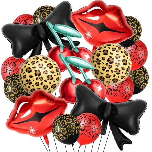 Realspring 18 Pcs Red and Black Party Decorations Kit 12 Leopard Cheetah Print Birthday Balloons Cherry Cheetah Red Lips Black Bow Foil Balloons for Kiss the Miss Goodbye Baby Shower Retro Party - Image 1