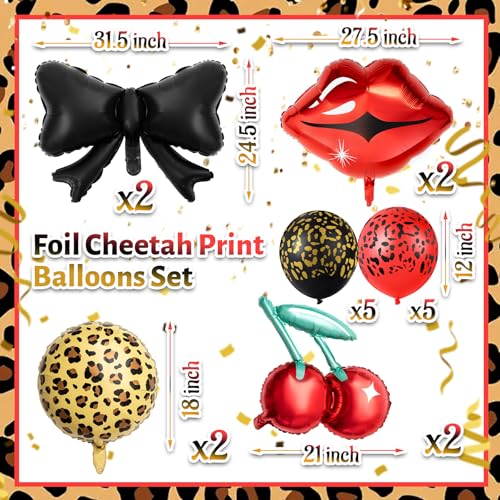 Realspring 18 Pcs Red and Black Party Decorations Kit 12 Leopard Cheetah Print Birthday Balloons Cherry Cheetah Red Lips Black Bow Foil Balloons for Kiss the Miss Goodbye Baby Shower Retro Party - Image 5