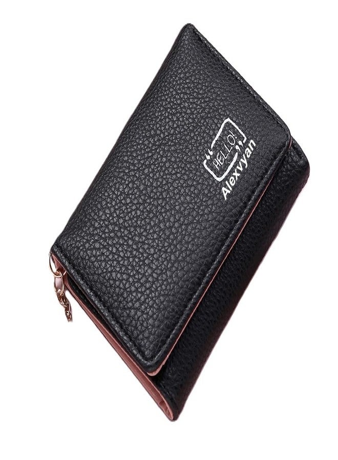 Alexvyan Hello Small Tri-Fold Women's Purse Wallet Card Organizer Female Hand Purse Clutch Women/Ladies/Girls Wallets 5 Card Holder 1 Long & 1 Small Pocket (Black) - Image 1