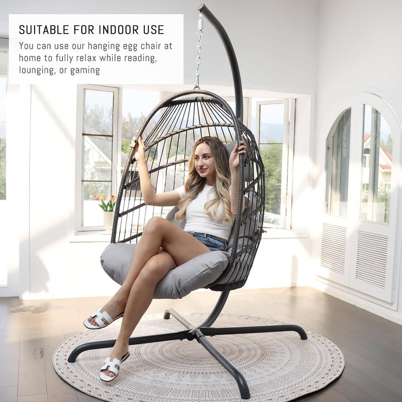 Harmony Home Foldable Rattan Hanging Chair with Stand – Wicker Swing Chair with Cushion & Pillow for Indoor & Outdoor Use – Bedroom, Patio, Garden & Balcony - Image 2