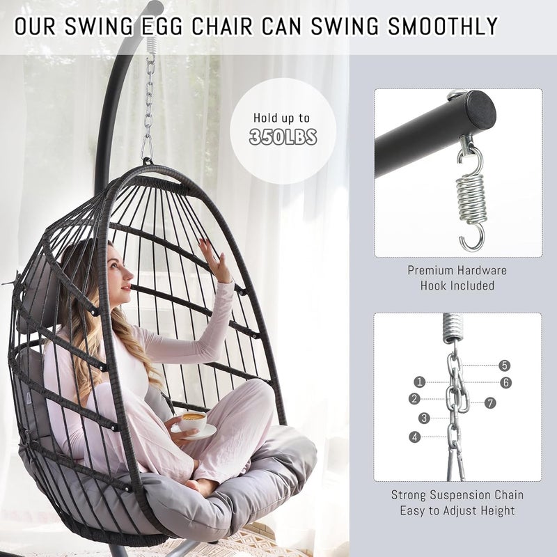 Harmony Home Foldable Rattan Hanging Chair with Stand – Wicker Swing Chair with Cushion & Pillow for Indoor & Outdoor Use – Bedroom, Patio, Garden & Balcony - Image 5