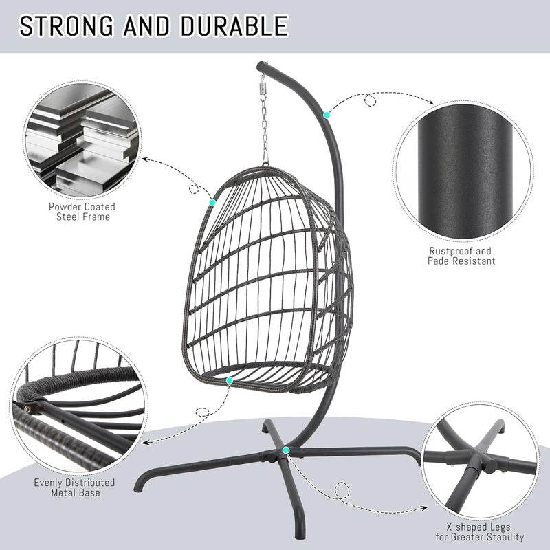 Harmony Home Foldable Rattan Hanging Chair with Stand – Wicker Swing Chair with Cushion & Pillow for Indoor & Outdoor Use – Bedroom, Patio, Garden & Balcony - Image 3