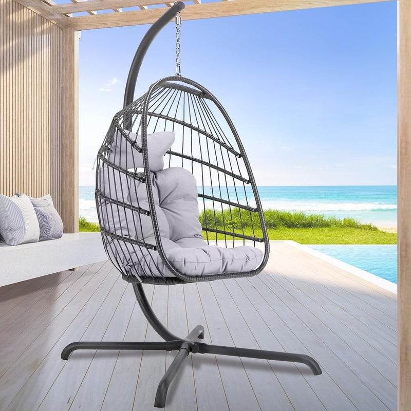 Harmony Home Foldable Rattan Hanging Chair with Stand – Wicker Swing Chair with Cushion & Pillow for Indoor & Outdoor Use – Bedroom, Patio, Garden & Balcony - Image 1